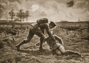 Sergeant Fuller springer fram, under en fruktansvärd eld, för att rädda sin sårade officer, kapten Haggard